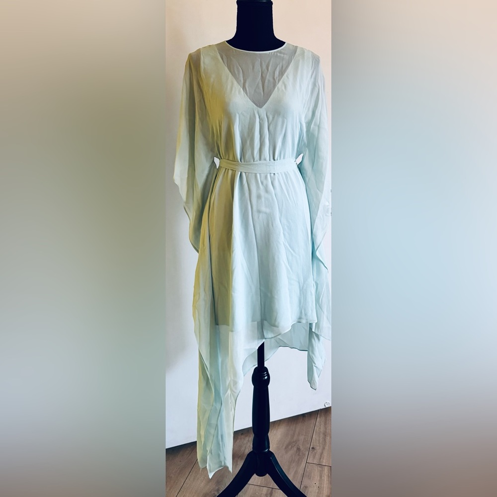 BCBGMAXAZRIA Sheer Belted Poncho/Cape Midi Dress: Sky Blue, XXS
